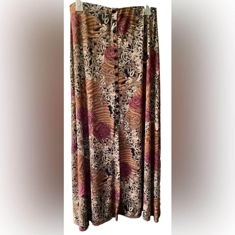 Susan Lawrence Made in USA❣️ Paisley Floral Brown Tan Maxi Skirt 8% Spandex L